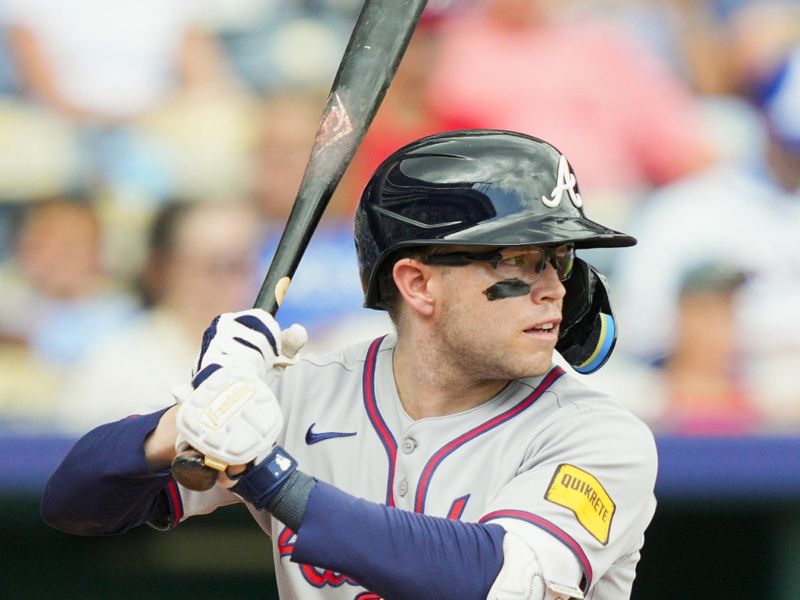 Jul 30, 2025; Kansas City, Missouri, USA; Atlanta Braves shortstop Nick Allen (2) bats during the third inning against the Kansas City Royals at Kauffman Stadium. Mandatory Credit: Jay Biggerstaff-Imagn Images