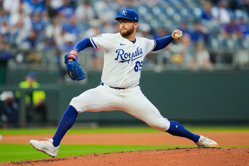 Sep 4, 2025; Kansas City, Missouri, USA; Kansas City Royals starting pitcher Noah Cameron (65) pitches during the first inning against the Los Angeles Angels at Kauffman Stadium. Mandatory Credit: Jay Biggerstaff-Imagn Images