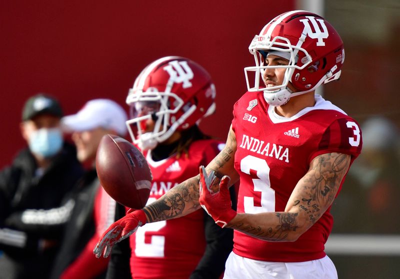 Nov 20, 2021; Bloomington, Indiana, USA;  Indiana Hoosiers wide receiver Ty Fryfogle (3) warms up before the game against the Minnesota Golden Gophers at Memorial Stadium. Mandatory Credit: Marc Lebryk-USA TODAY Sports