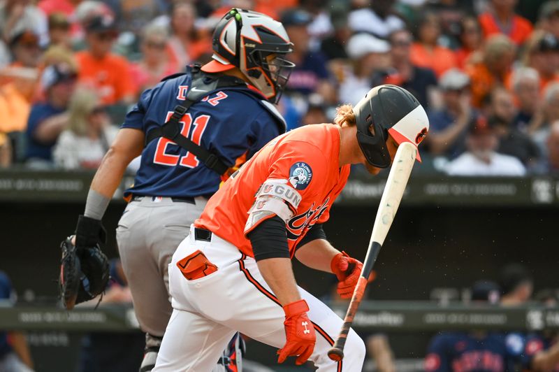 Aug 24, 2024; Baltimore, Maryland, USA;  Baltimore Orioles shortstop Gunnar Henderson (2) reacts after striking out to end the third inning against the Houston Astros at Oriole Park at Camden Yards. Mandatory Credit: Tommy Gilligan-USA TODAY Sports