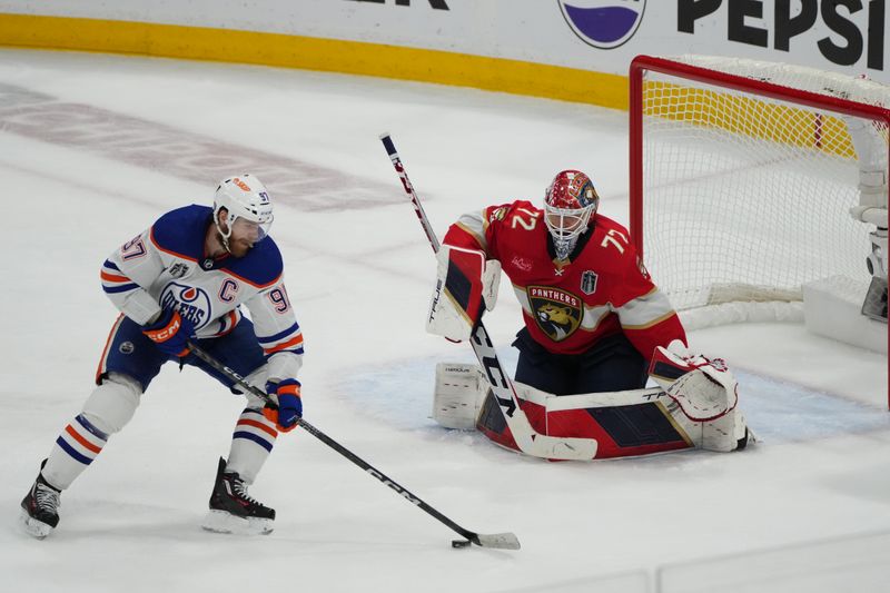 Jun 24, 2024; Sunrise, Florida, USA; Florida Panthers goaltender Sergei Bobrovsky (72) defends against Edmonton Oilers forward Connor McDavid (97) during the third period in game seven of the 2024 Stanley Cup Final at Amerant Bank Arena. Mandatory Credit: Jim Rassol-USA TODAY Sports