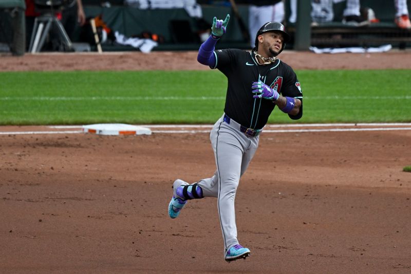 May 11, 2024; Baltimore, Maryland, USA;  Arizona Diamondbacks second baseman Ketel Marte (4) celebrates after hitting  a solo home run during the third inning against the Baltimore Orioles at Oriole Park at Camden Yards. Mandatory Credit: Tommy Gilligan-USA TODAY Sports