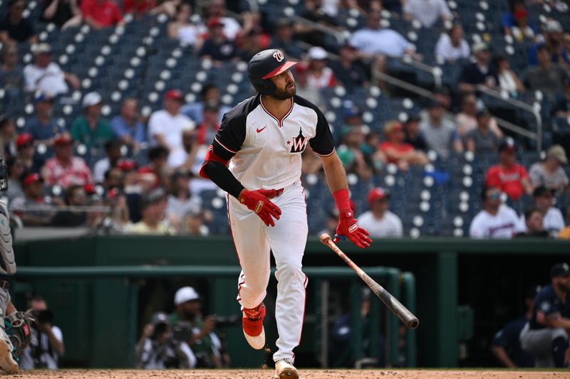 May 26, 2024; Washington, District of Columbia, USA; Washington Nationals first baseman Joey Gallo (24) tosses his bat after hitting a home run against the Seattle Mariners during the fifth inning at Nationals Park. Mandatory Credit: Rafael Suanes-USA TODAY Sports