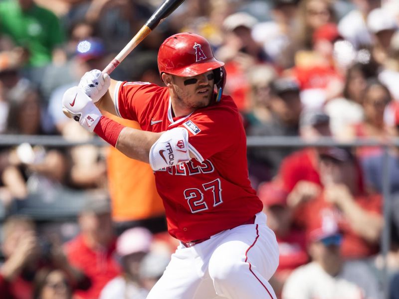 Mar 16, 2025; Tempe, Arizona, USA; Los Angeles Angels designated hitter Mike Trout against the San Diego Padres during a spring training game at Tempe Diablo Stadium. Mandatory Credit: Mark J. Rebilas-Imagn Images