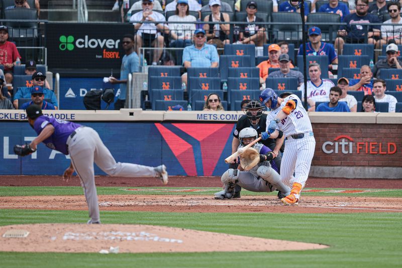 Jul 14, 2024; New York City, New York, USA; New York Mets first baseman Pete Alonso (20) hits a two run home run during the fourth inning against Colorado Rockies starting pitcher German Marquez (48) at Citi Field. Mandatory Credit: Vincent Carchietta-USA TODAY Sports