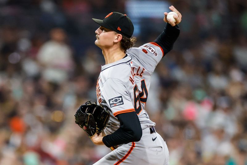 Sep 6, 2024; San Diego, California, USA; San Francisco Giants relief pitcher Sean Hjelle (64) throws a pitch during the fifth inning against the San Diego Padres at Petco Park. Mandatory Credit: David Frerker-Imagn Images