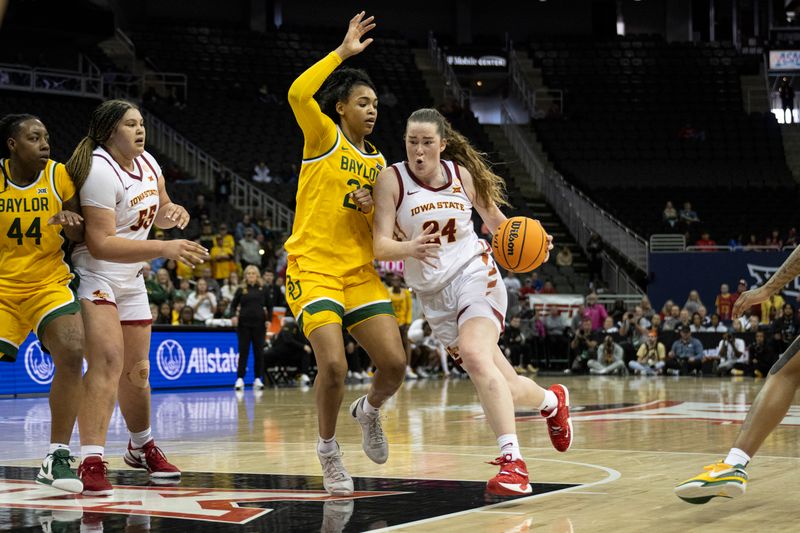 Mar 9, 2024; Kansas City, MO, USA; Iowa State Cyclones forward Addy Brown (24) handles the ball while defended by Baylor Lady Bears guard Bella Fontleroy (22) during the second half at T-Mobile Center. Mandatory Credit: Amy Kontras-USA TODAY Sports