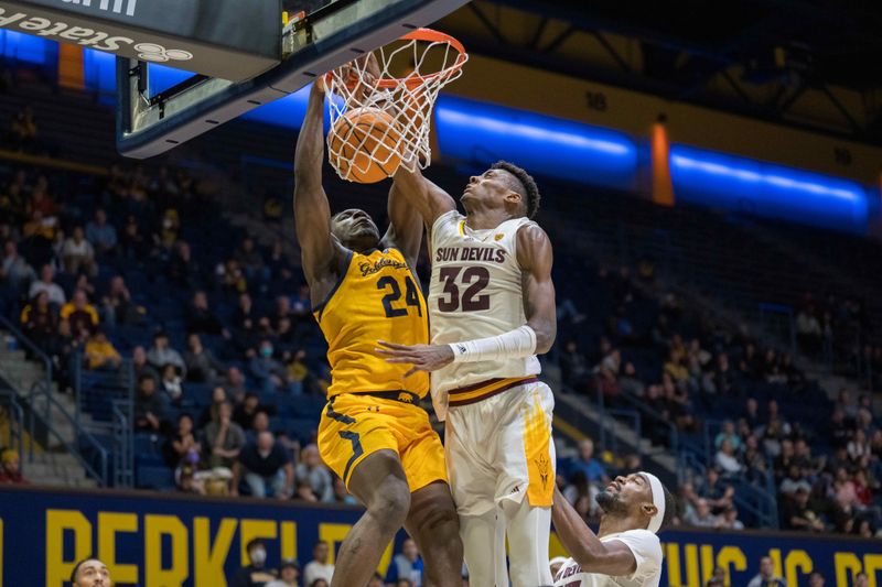 Feb 11, 2023; Berkeley, California, USA; California Golden Bears forward Sam Alajiki (24) duns the basketball against Arizona State Sun Devils forward Alonzo Gaffney (32) during overtime period at Haas Pavilion. Mandatory Credit: Neville E. Guard-USA TODAY Sports