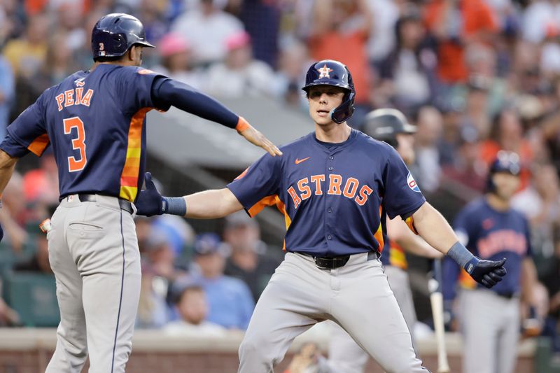 Jul 20, 2024; Seattle, Washington, USA; Houston Astros center fielder Jake Meyers (6) celebrates with shortstop Jeremy Pena (3)   after hitting a two-run home run against the Seattle Mariners during the seventh inning at T-Mobile Park. Mandatory Credit: John Froschauer-USA TODAY Sports