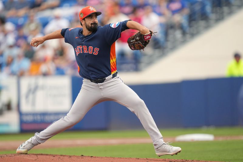 Mar 1, 2026; Port St. Lucie, Florida, USA;  Houston Astros pitcher Jason Alexander (54) pitches in the first inning against the New York Mets at Clover Park. Mandatory Credit: Jim Rassol-Imagn Images