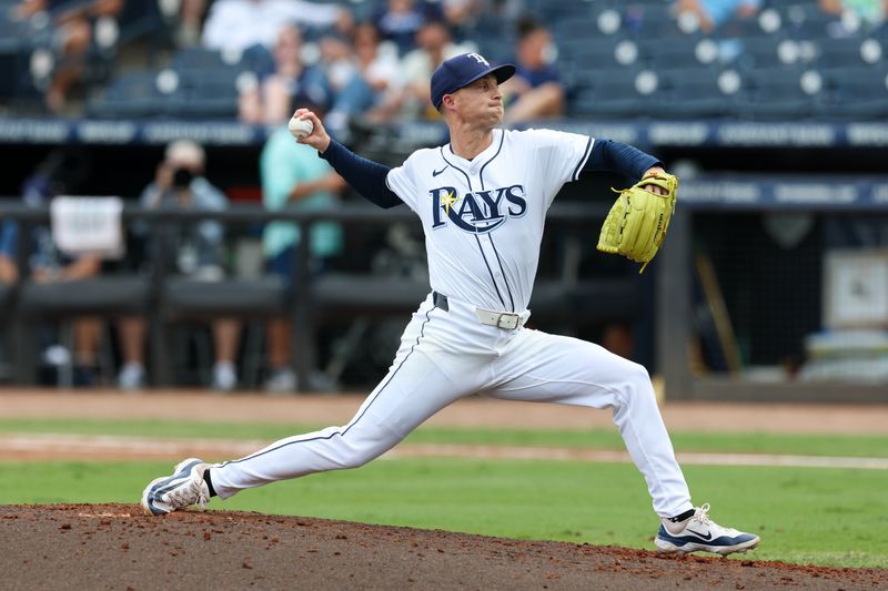 Sep 18, 2025; Tampa, Florida, USA; Tampa Bay Rays pitcher Griffin Jax (22) throws a pitch against the Toronto Blue Jays in the sixth inning at George M. Steinbrenner Field. Mandatory Credit: Nathan Ray Seebeck-Imagn Images