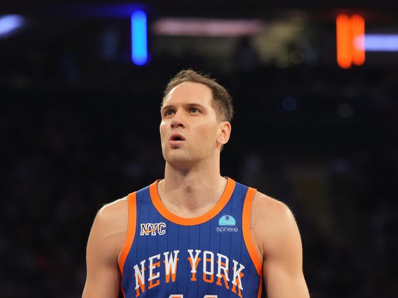 NEW YORK, NY - FEBRUARY 10: Bojan Bogdanovic #44 of the New York Knicks shoots a free throw during the game against the Indiana Pacers on February 10, 2024 at Madison Square Garden in New York City, New York.  NOTE TO USER: User expressly acknowledges and agrees that, by downloading and or using this photograph, User is consenting to the terms and conditions of the Getty Images License Agreement. Mandatory Copyright Notice: Copyright 2024 NBAE  (Photo by Jesse D. Garrabrant/NBAE via Getty Images)