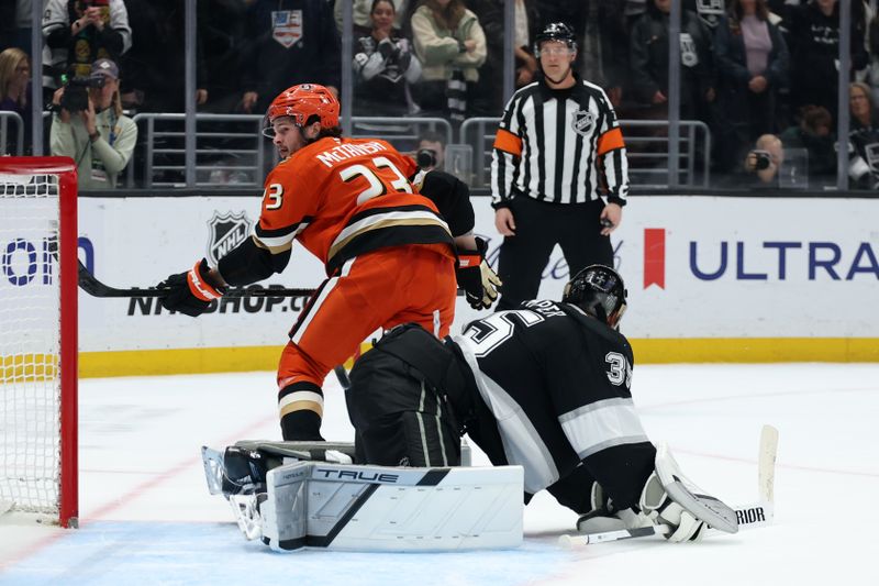 Jan 16, 2026; Los Angeles, California, USA;  Anaheim Ducks center Mason McTavish (23) reacts after socring the game winning goal on Los Angeles Kings goaltender Darcy Kuemper (35) in a shootout at Crypto.com Arena. Mandatory Credit: Kiyoshi Mio-Imagn Images