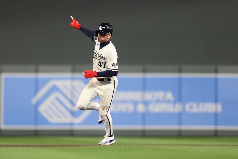 Oct 11, 2023; Minneapolis, Minnesota, USA; Minnesota Twins second baseman Edouard Julien (47) celebrates after  hitting a solo home-run in the sixth inning against the Houston Astros during game four of the ALDS for the 2023 MLB playoffs at Target Field. Mandatory Credit: Jesse Johnson-USA TODAY Sports