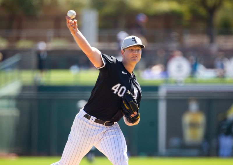 Mar 14, 2024; Phoenix, Arizona, USA; Chicago White Sox pitcher Michael Soroka against the Los Angeles Angels during a spring training baseball game at Camelback Ranch-Glendale. Mandatory Credit: Mark J. Rebilas-USA TODAY Sports