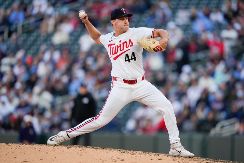 Apr 4, 2024; Minneapolis, Minnesota, USA; Minnesota Twins relief pitcher Cole Sands (44) delivers a pitch during the ninth inning against the Cleveland Guardians at Target Field. Mandatory Credit: Jordan Johnson-USA TODAY Sports