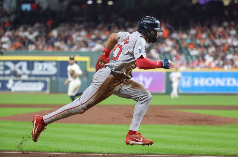 Aug 20, 2024; Houston, Texas, USA; Boston Red Sox second baseman David Hamilton (70) runs home to score a run during the fourth inning against the Houston Astros at Minute Maid Park. Mandatory Credit: Troy Taormina-USA TODAY Sports