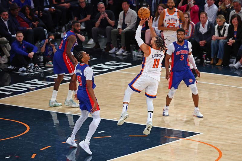 NEW YORK, NY - APRIL 29: Jalen Brunson #11 of the New York Knicks shoots the ball during the game against the Detroit Pistons  during round 1 around game 5 on April 29, 2025 at Madison Square Garden in New York City, New York.  NOTE TO USER: User expressly acknowledges and agrees that, by downloading and or using this photograph, User is consenting to the terms and conditions of the Getty Images License Agreement. Mandatory Copyright Notice: Copyright 2025 NBAE  (Photo by David L. Nemec/NBAE via Getty Images)