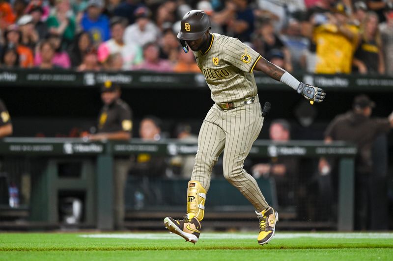 Jul 26, 2024; Baltimore, Maryland, USA; San Diego Padres outfielder Jurickson Profar (10) celebrates his two run ninth inning home run against the Baltimore Orioles  at Oriole Park at Camden Yards. Mandatory Credit: Tommy Gilligan-USA TODAY Sports