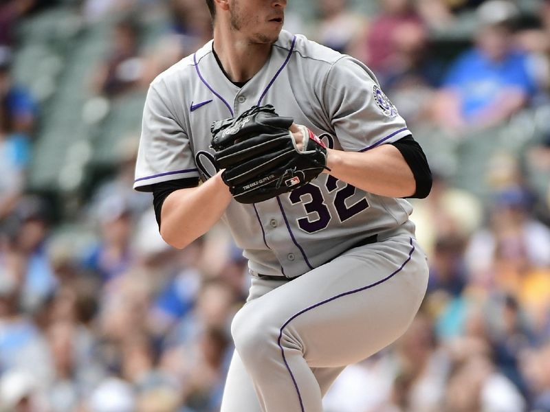 Aug 9, 2023; Milwaukee, Wisconsin, USA; Colorado Rockies pitcher Chris Flexen (32) pitches against the Milwaukee Brewers in the first inning at American Family Field. Mandatory Credit: Benny Sieu-USA TODAY Sports