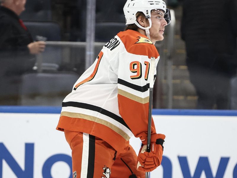 Oct 29, 2024; Elmont, New York, USA; Anaheim Ducks center Leo Carlsson (91) skates back to the bench after scoring a goal in the first period against the New York Islanders at UBS Arena. Mandatory Credit: Wendell Cruz-Imagn Images