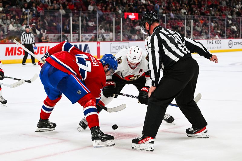 Sep 27, 2023; Montreal, Quebec, CAN; NHL linesman Derek Nansen (70) drops the puck at a face-off between Montreal Canadiens center Kirby Dach (77) and Ottawa Senators right wing Josh Bailey (16) during the third period at Bell Centre. Mandatory Credit: David Kirouac-USA TODAY Sports