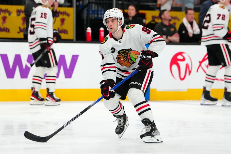 Apr 16, 2024; Las Vegas, Nevada, USA; Chicago Blackhawks center Frank Nazar (91) warms up before a game against the Vegas Golden Knights at T-Mobile Arena. Mandatory Credit: Stephen R. Sylvanie-USA TODAY Sports