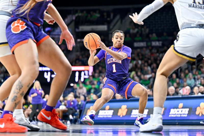 Feb 22, 2024; South Bend, Indiana, USA; Clemson Tigers guard Dayshanette Harris (1) passes the ball in the first half against the Notre Dame Fighting Irish at the Purcell Pavilion. Mandatory Credit: Matt Cashore-USA TODAY Sports