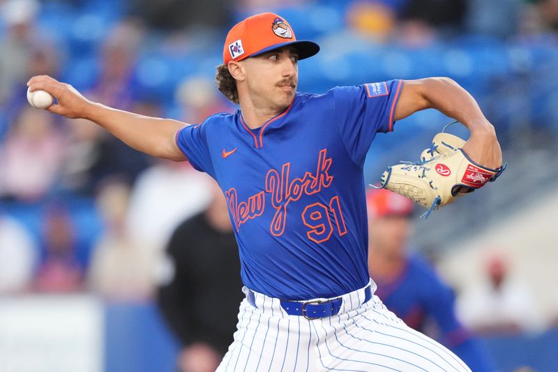 Mar 6, 2025; Port St. Lucie, Florida, USA;  New York Mets pitcher Brandon Sproat (91) pitches against the Houston Astros at Clover Park. Mandatory Credit: Jim Rassol-Imagn Images