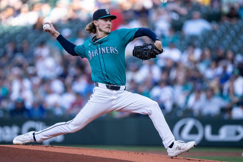 May 11, 2024; Seattle, Washington, USA; Seattle Mariners starter Bryce Miller (50) delivers a pitch during the first inning against the Oakland Athletics at T-Mobile Park. Mandatory Credit: Stephen Brashear-USA TODAY Sports