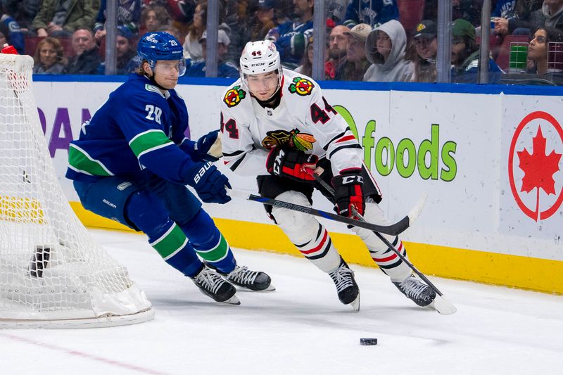 Nov 16, 2024; Vancouver, British Columbia, CAN; Vancouver Canucks forward Danton Heinen (20) stick checks Chicago Blackhawks defenseman Wyatt Kaiser (44) during the third period at Rogers Arena. Mandatory Credit: Bob Frid-Imagn Images