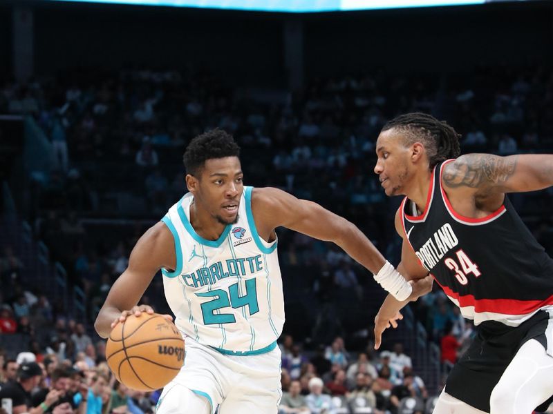 CHARLOTTE, NC - APRIL 3:  Brandon Miller #24 of the Charlotte Hornets drives to the basket during the game against the Portland Trail Blazers on April 3, 2024 at Spectrum Center in Charlotte, North Carolina. NOTE TO USER: User expressly acknowledges and agrees that, by downloading and or using this photograph, User is consenting to the terms and conditions of the Getty Images License Agreement.  Mandatory Copyright Notice:  Copyright 2024 NBAE (Photo by Brock Williams-Smith/NBAE via Getty Images)