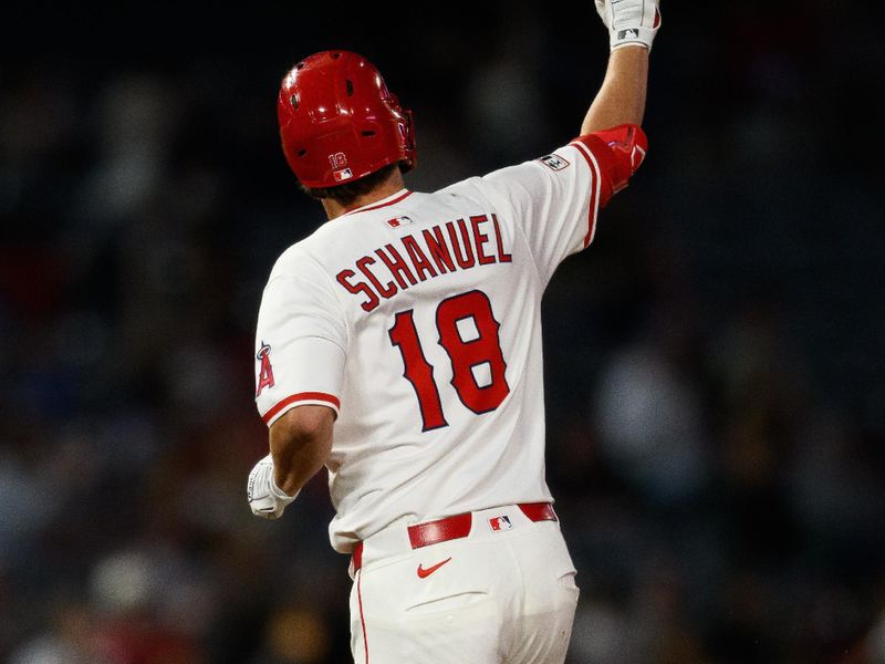 Sep 25, 2025; Anaheim, California, USA; Los Angeles Angels first baseman Nolan Schanuel (18) runs after hitting a home run during the sixth inning against the Kansas City Royals at Angel Stadium. Mandatory Credit: William Liang-Imagn Images
