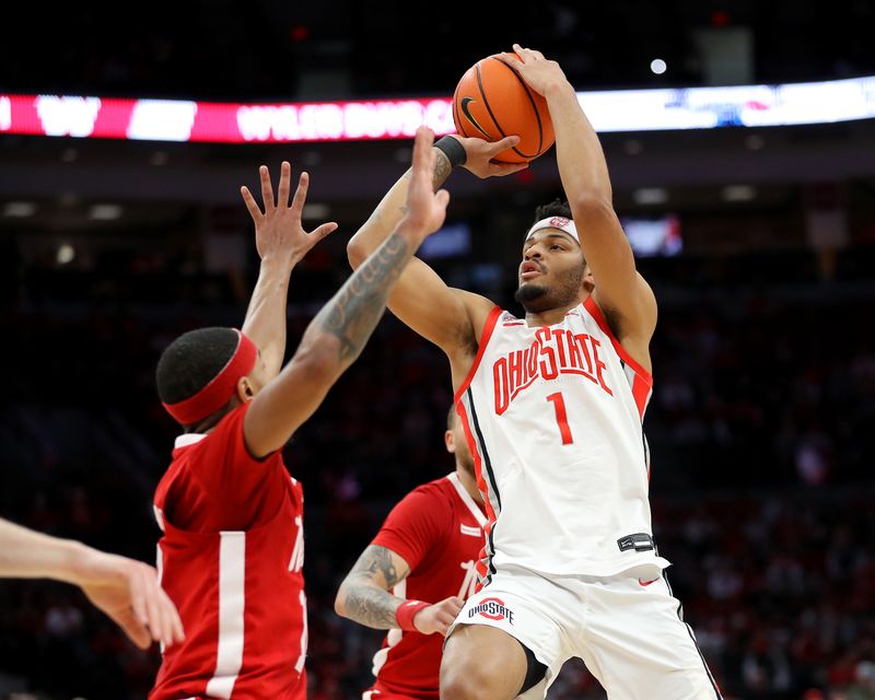 Feb 29, 2024; Columbus, Ohio, USA;  Ohio State Buckeyes guard Roddy Gayle Jr. (1) takes a shot during the second half against the Nebraska Cornhuskers at Value City Arena. Mandatory Credit: Joseph Maiorana-USA TODAY Sports