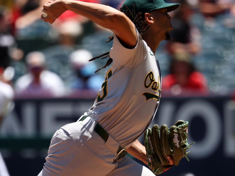 Jul 28, 2024; Anaheim, California, USA;  Oakland Athletics starting pitcher Osvaldo Bido (45) pitches during the first inning against the Los Angeles Angels at Angel Stadium. Mandatory Credit: Kiyoshi Mio-USA TODAY Sports