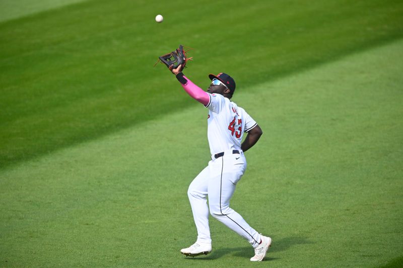 Oct 12, 2024; Cleveland, Ohio, USA; Cleveland Guardians outfielder Jhonkensy Noel (43) makes catch in the second inning against the Detroit Tigers during game five of the ALDS for the 2024 MLB Playoffs at Progressive Field. Mandatory Credit: David Richard-Imagn Images