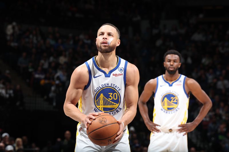 MINNEAPOLIS, MN -  MARCH 24: Stephen Curry #30 of the Golden State Warriors prepares to shoot a free throw during the game against the Minnesota Timberwolves on March 24, 2024 at Target Center in Minneapolis, Minnesota. NOTE TO USER: User expressly acknowledges and agrees that, by downloading and or using this Photograph, user is consenting to the terms and conditions of the Getty Images License Agreement. Mandatory Copyright Notice: Copyright 2024 NBAE (Photo by David Sherman/NBAE via Getty Images)