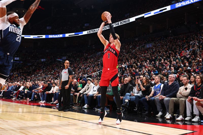 TORONTO, CANADA - FEBRUARY 28:  Gradey Dick #1 of the Toronto Raptors shoots the ball during the game against the Dallas Mavericks on February 28, 2024 at the Scotiabank Arena in Toronto, Ontario, Canada.  NOTE TO USER: User expressly acknowledges and agrees that, by downloading and or using this Photograph, user is consenting to the terms and conditions of the Getty Images License Agreement.  Mandatory Copyright Notice: Copyright 2024 NBAE (Photo by Vaughn Ridley/NBAE via Getty Images)