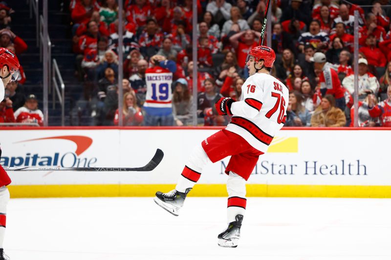 Mar 22, 2024; Washington, District of Columbia, USA; Carolina Hurricanes defenseman Brady Skjei (76) celebrates after scoring a goal against the Washington Capitals during the second period at Capital One Arena. Mandatory Credit: Amber Searls-USA TODAY Sports