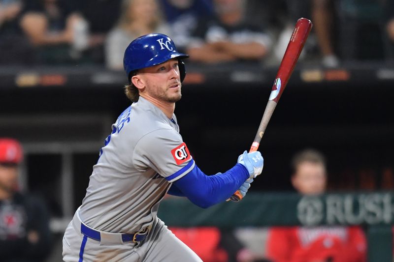 Jun 6, 2025; Chicago, Illinois, USA; Kansas City Royals outfielder Drew Waters (8) hits a single during the seventh inning against the Chicago White Sox at Rate Field. Mandatory Credit: Patrick Gorski-Imagn Images
