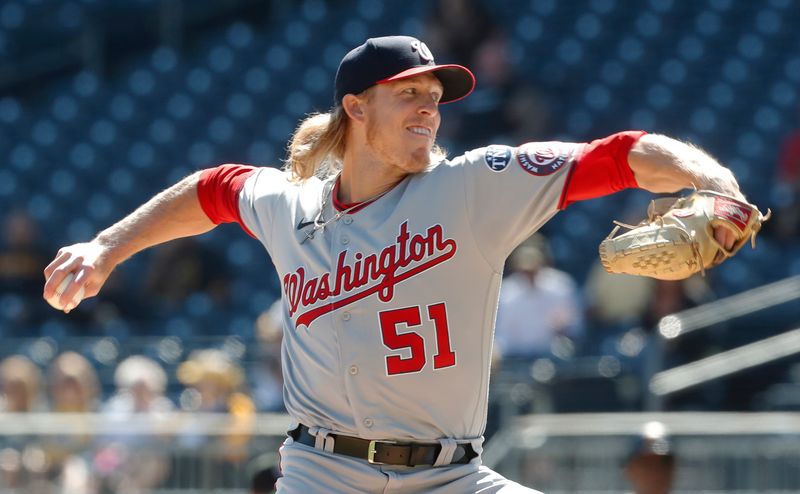 Sep 14, 2023; Pittsburgh, Pennsylvania, USA;  Washington Nationals relief pitcher Jordan Weems (51) pitches against the Pittsburgh Pirates during the seventh inning at PNC Park. Mandatory Credit: Charles LeClaire-USA TODAY Sports