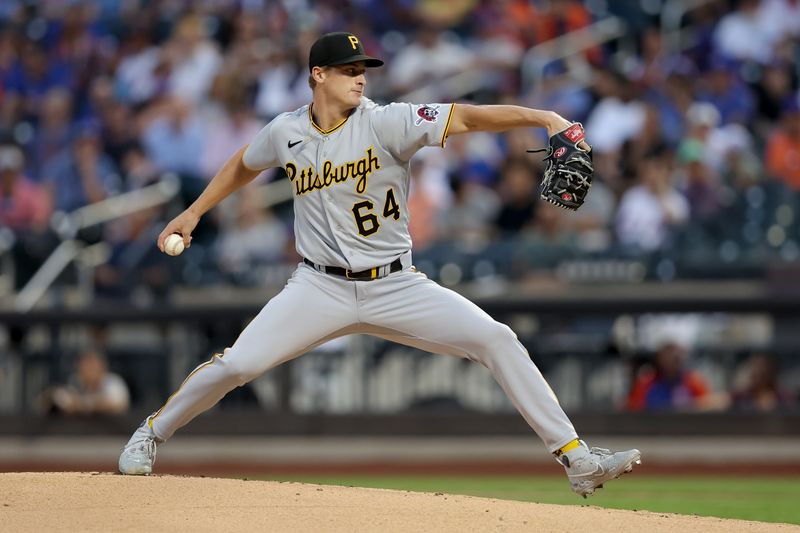 Aug 14, 2023; New York City, New York, USA; Pittsburgh Pirates starting pitcher Quinn Priester (64) pitches against the New York Mets during the first inning at Citi Field. Mandatory Credit: Brad Penner-USA TODAY Sports