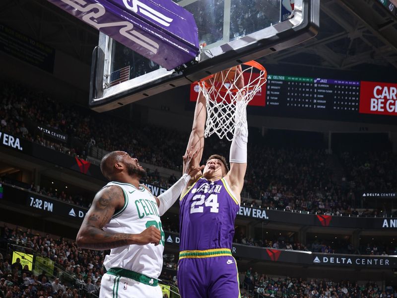 SALT LAKE CITY, UT - MARCH 12:  Walker Kessler #24 of the Utah Jazz goes to the basket during the game on March 12, 2024 at Delta Center in Salt Lake City, Utah. NOTE TO USER: User expressly acknowledges and agrees that, by downloading and or using this Photograph, User is consenting to the terms and conditions of the Getty Images License Agreement. Mandatory Copyright Notice: Copyright 2024 NBAE (Photo by Melissa Majchrzak/NBAE via Getty Images)