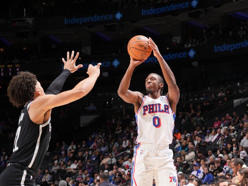PHILADELPHIA, PA - OCTOBER 16: Tyrese Maxey #0 of the Philadelphia 76ers shoots the ball during the game against the Brooklyn Nets during a NBA preseason game on October 16, 2024 at the Wells Fargo Center in Philadelphia, Pennsylvania NOTE TO USER: User expressly acknowledges and agrees that, by downloading and/or using this Photograph, user is consenting to the terms and conditions of the Getty Images License Agreement. Mandatory Copyright Notice: Copyright 2024 NBAE (Photo by Jesse D. Garrabrant/NBAE via Getty Images)