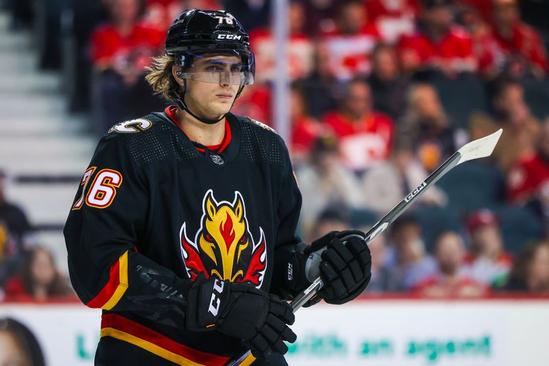 Mar 12, 2024; Calgary, Alberta, CAN; Calgary Flames center Martin Pospisil (76) during the first period against the Colorado Avalanche at Scotiabank Saddledome. Mandatory Credit: Sergei Belski-USA TODAY Sports