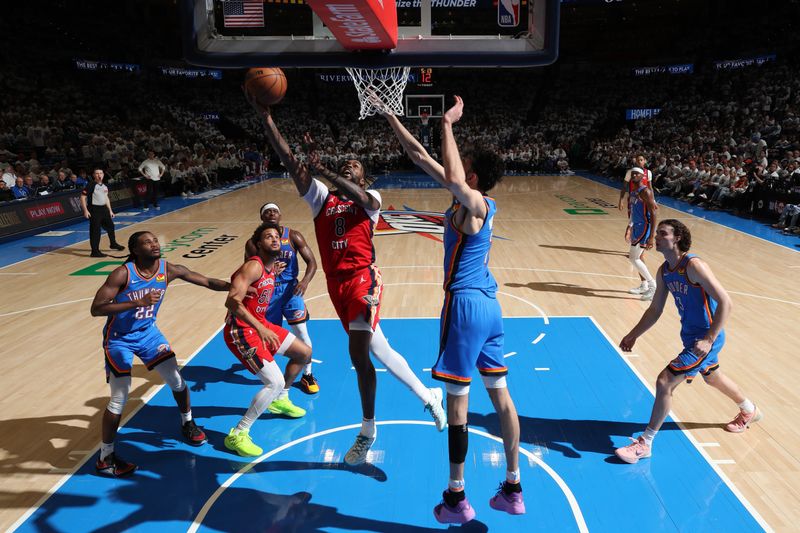 OKLAHOMA CITY, OK - APRIL 24: Naji Marshall #8 of the New Orleans Pelicans drives to the basket during the game against the Oklahoma City Thunder during Round 1 Game 2 of the 2024 NBA Playoffs on April 24, 2024 at Paycom Arena in Oklahoma City, Oklahoma. NOTE TO USER: User expressly acknowledges and agrees that, by downloading and or using this photograph, User is consenting to the terms and conditions of the Getty Images License Agreement. Mandatory Copyright Notice: Copyright 2024 NBAE (Photo by Zach Beeker/NBAE via Getty Images)