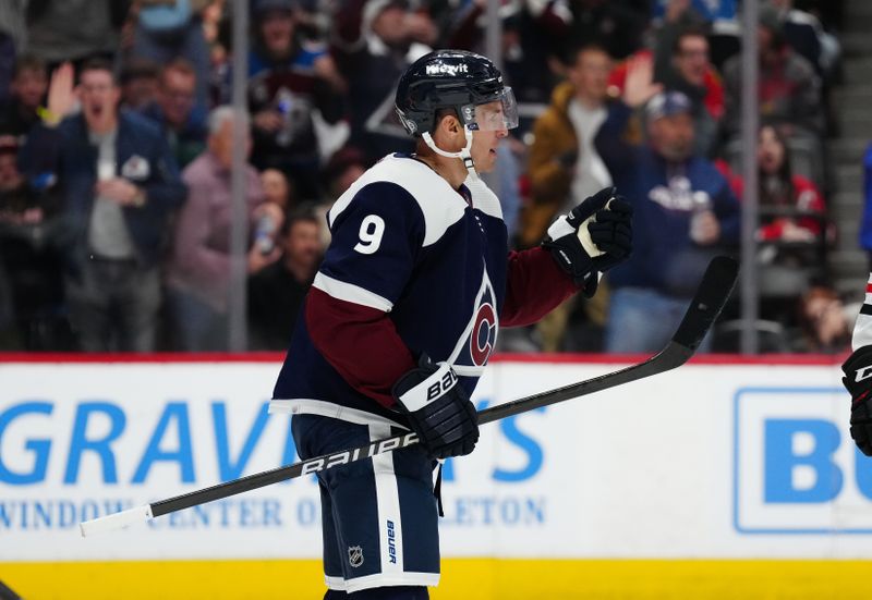 Mar 4, 2024; Denver, Colorado, USA; Colorado Avalanche left wing Zach Parise (9) celebrates his goal scored in the second period against the Chicago Blackhawks at Ball Arena. Mandatory Credit: Ron Chenoy-USA TODAY Sports