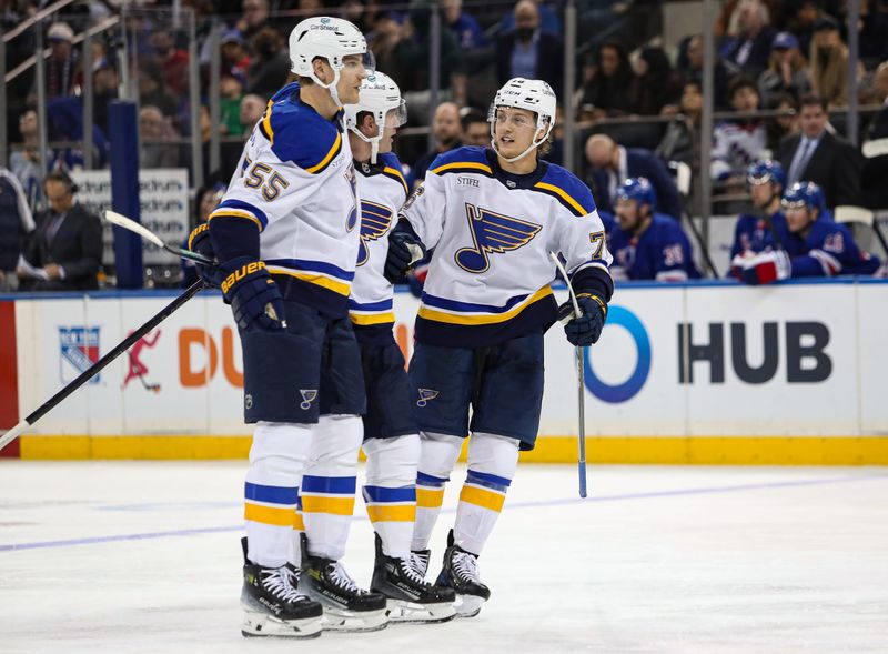 Nov 25, 2024; New York, New York, USA; St. Louis Blues center Zack Bolduc (76) celebrates his goal against the New York Rangers during the third period at Madison Square Garden. Mandatory Credit: Danny Wild-Imagn Images