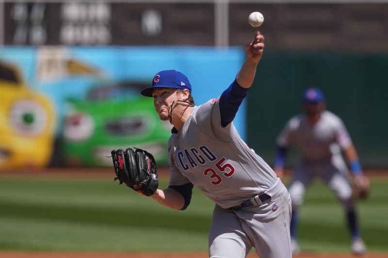 Apr 19, 2023; Oakland, California, USA; Chicago Cubs starting pitcher Justin Steele (35) throws a pitch against the Oakland Athletics during the first inning at Oakland-Alameda County Coliseum. Mandatory Credit: Darren Yamashita-USA TODAY Sports