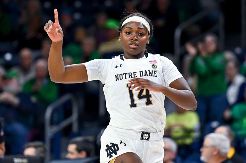 Jan 26, 2023; South Bend, Indiana, USA; Notre Dame Fighting Irish guard KK Bransford (14) reacts after a basket in the first half against the Florida State Seminoles at the Purcell Pavilion. Mandatory Credit: Matt Cashore-USA TODAY Sports